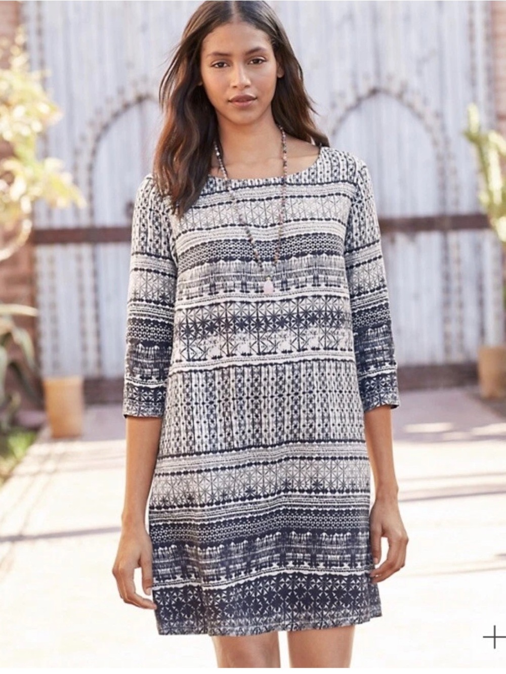GARNET HILL Essential Three-Quarter-Sleeve 100% Linen Dress Blue Ikat Size 8